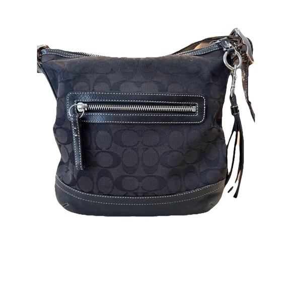 Coach 11x11 Crossbody Black Monogram Tassle Handbag H04K-9362 - Picture 1 of 5